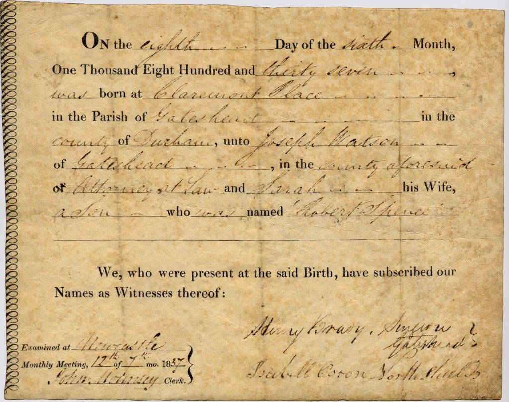 Example Quaker Birth Note