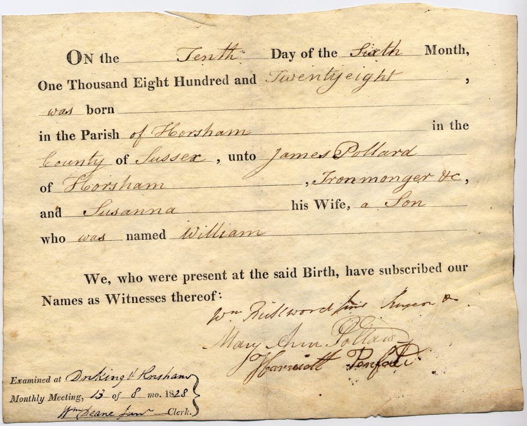 Example Quaker Birthnote